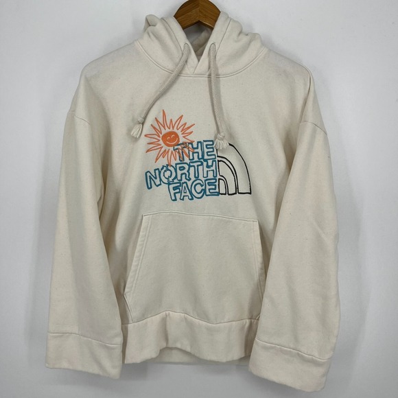 The North Face Hoodie Women's L White Beige Double Sided Logo Pullover TNF - Picture 1 of 11